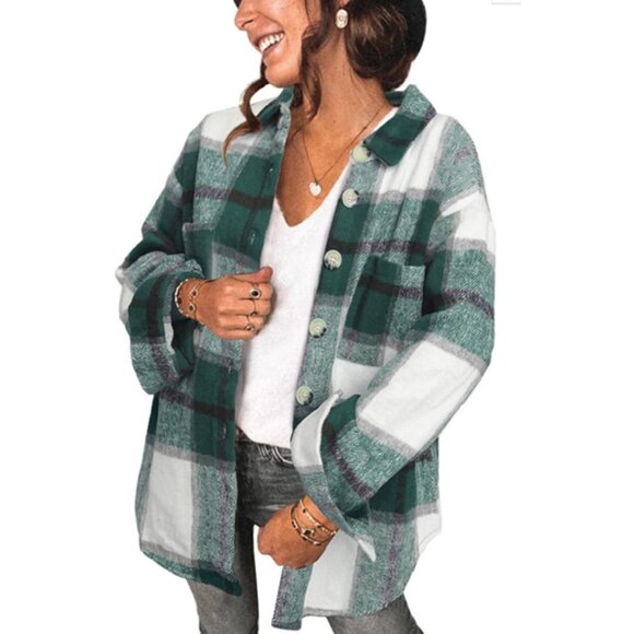 Women's Flannel Plaid Shirt Long Sleeve Boyfriend Style Oversized Shacket - Picture 1 of 5